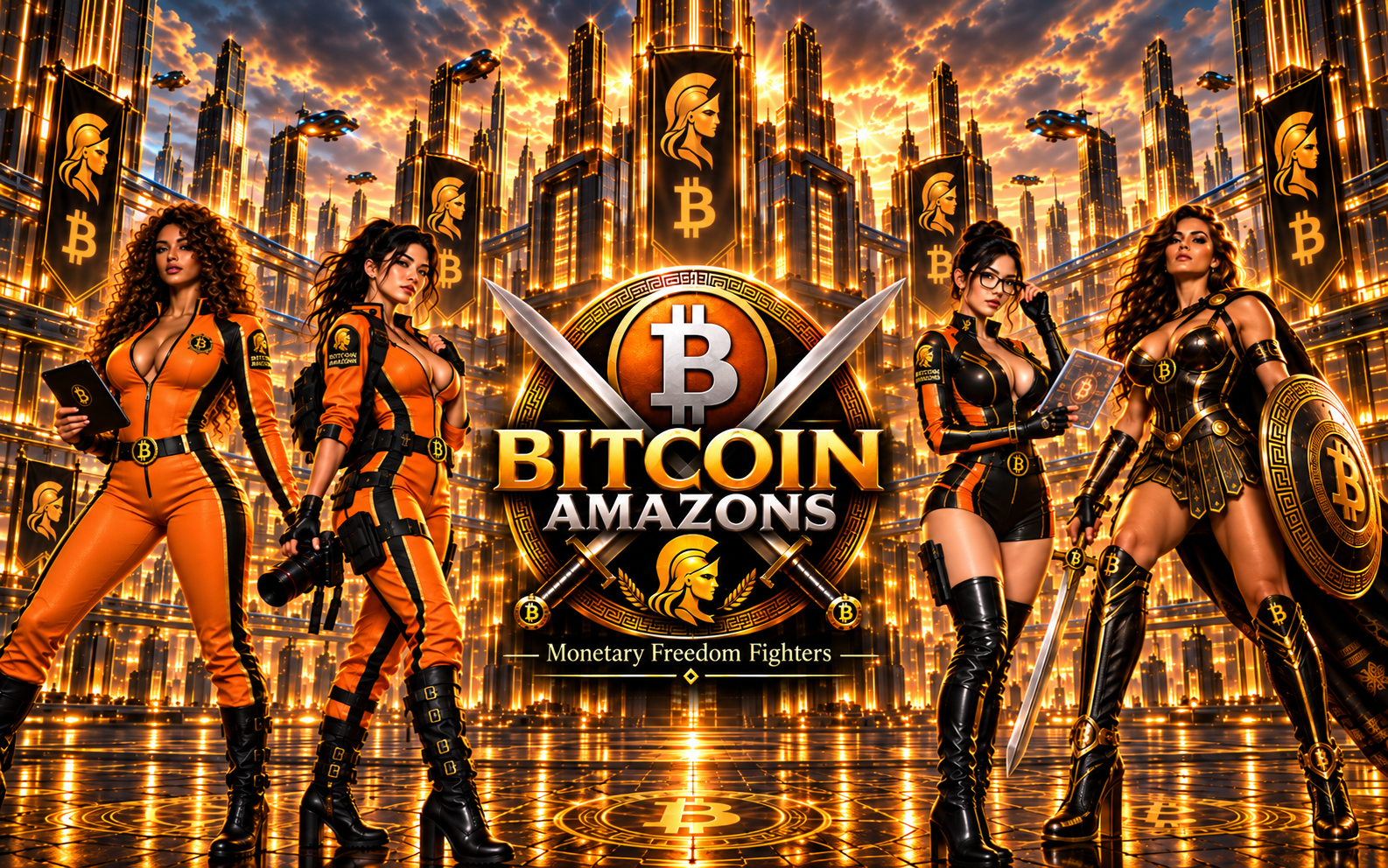 Aurelia, Kaia, Nyra und Valeria mit dem originalen Bitcoin-Amazons-Schriftzug