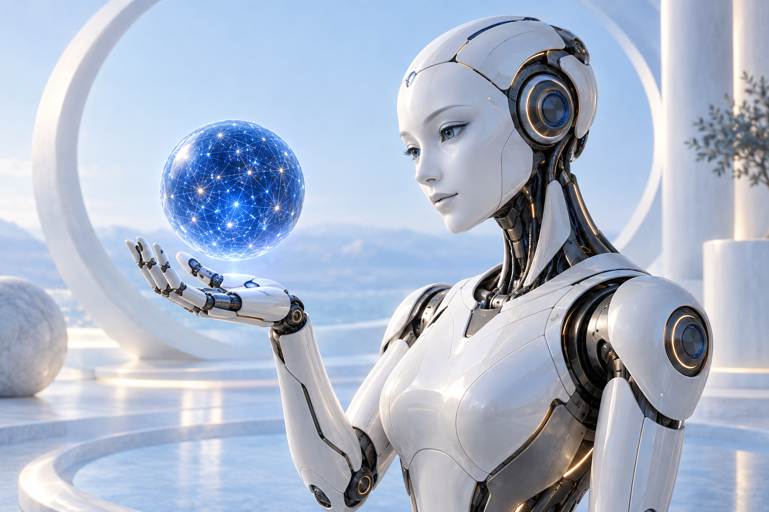 A white humanoid robot contemplating a luminous blue network sphere above its hand