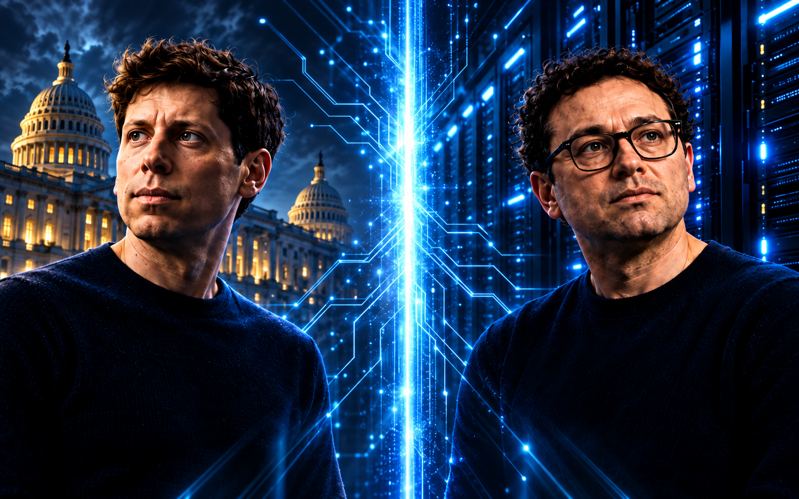 Sam Altman und Dario Amodei in einer dramatischen Silicon-Drama-Szene