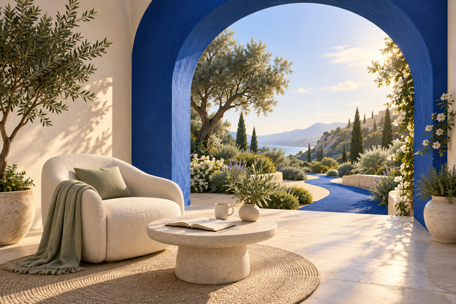A quiet reading terrace with an open notebook and a blue arch framing a sunlit garden path