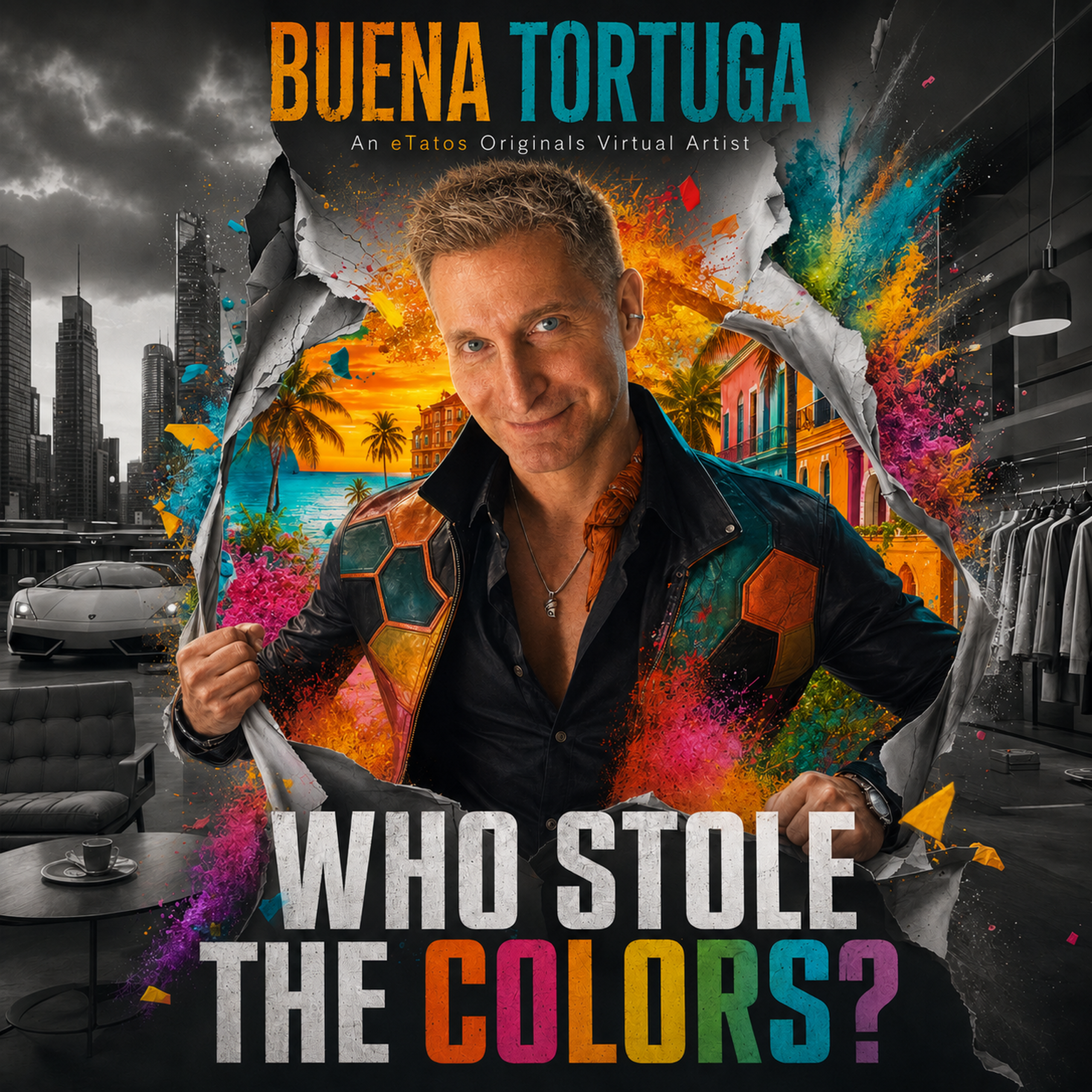 Who Stole The Colors? by Buena Tortuga: the virtual artist breaks through a grey scene into a colorful Caribbean world.