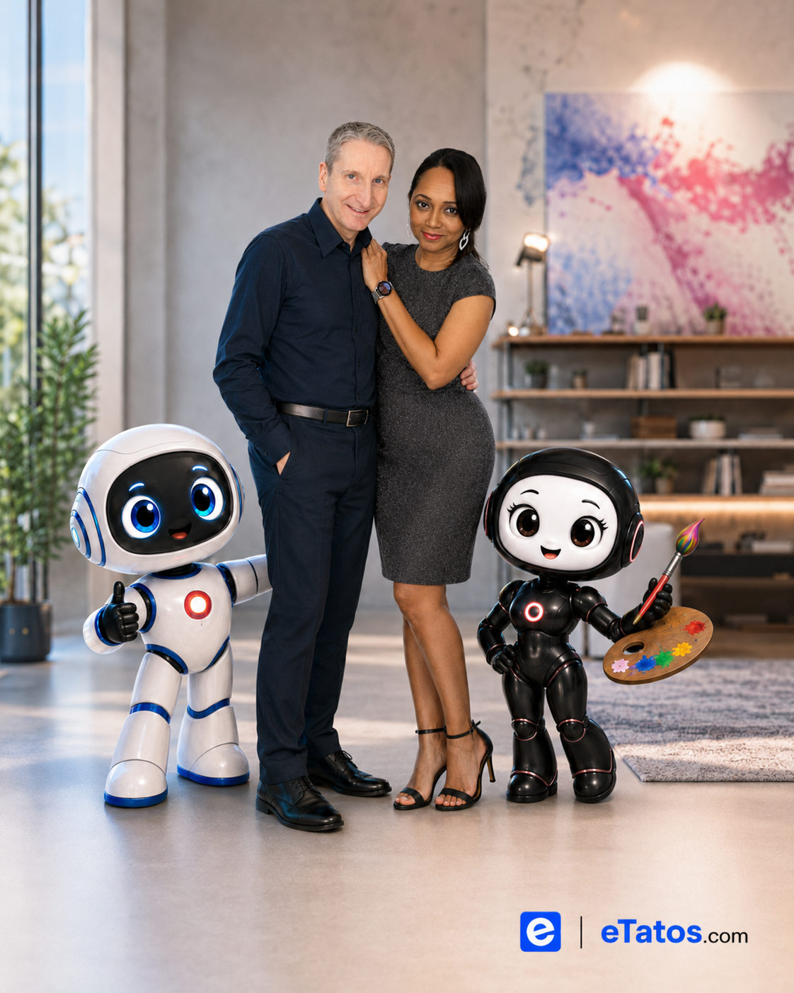 Dirk R. Bartz and Raquel Bartz together with the eTatos mascot duo Tato and Tata