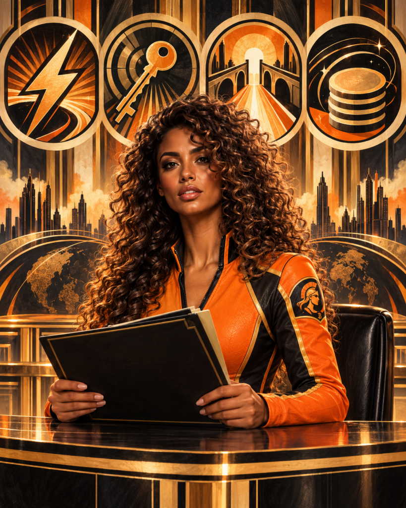 Aurelia Voss, the fictional Bitcoin Amazons news anchor, at a new Art Deco briefing desk with symbols for Lightning security, custody, bridge exit and settlement. Editorial illustration.