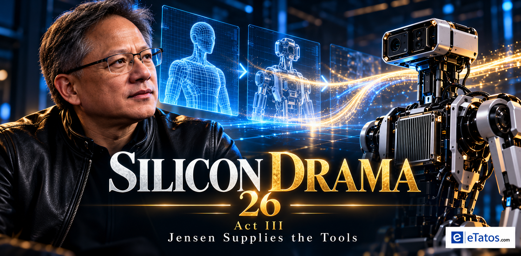 Jensen Huang beside an illustrated connection between simulation and a robot computer