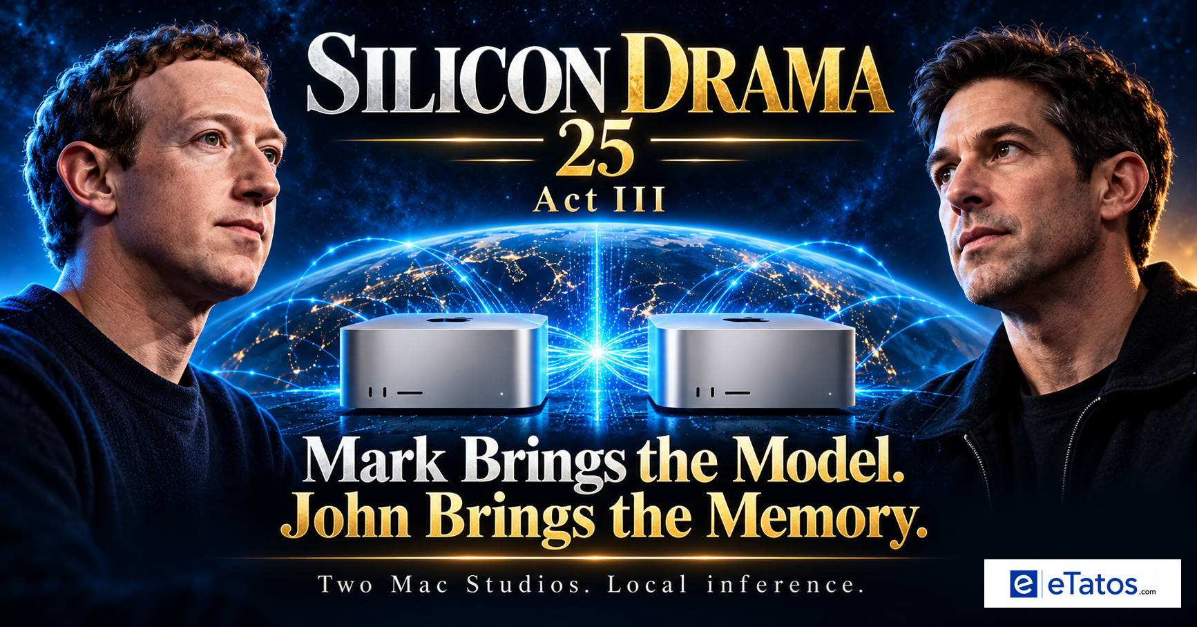 Mark Zuckerberg and John Ternus frame two symbolic Mac Studio computers, illustrating Meta and Apple's local-model cooperation.