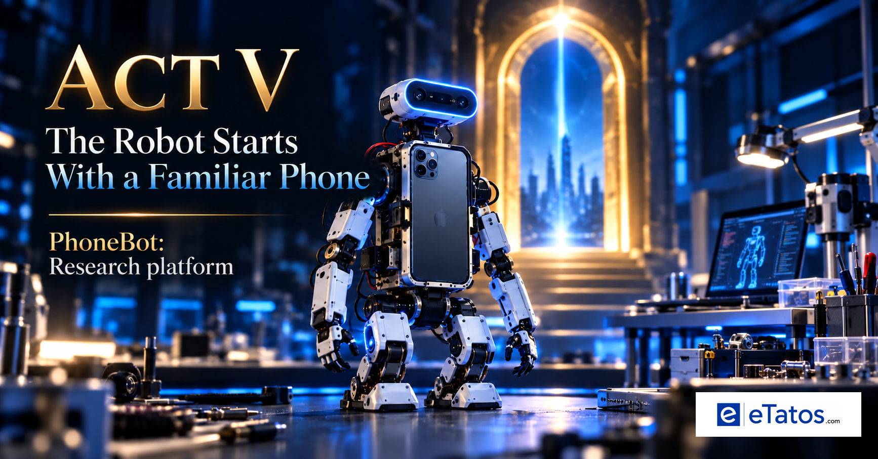 Conceptual humanoid laboratory robot using an ordinary smartphone; labeled as a research platform.
