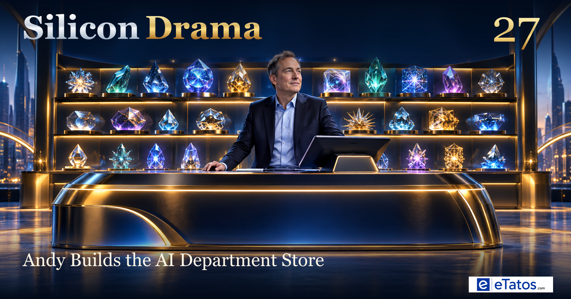 Andy Jassy in a cinematic model marketplace with a single AWS checkout