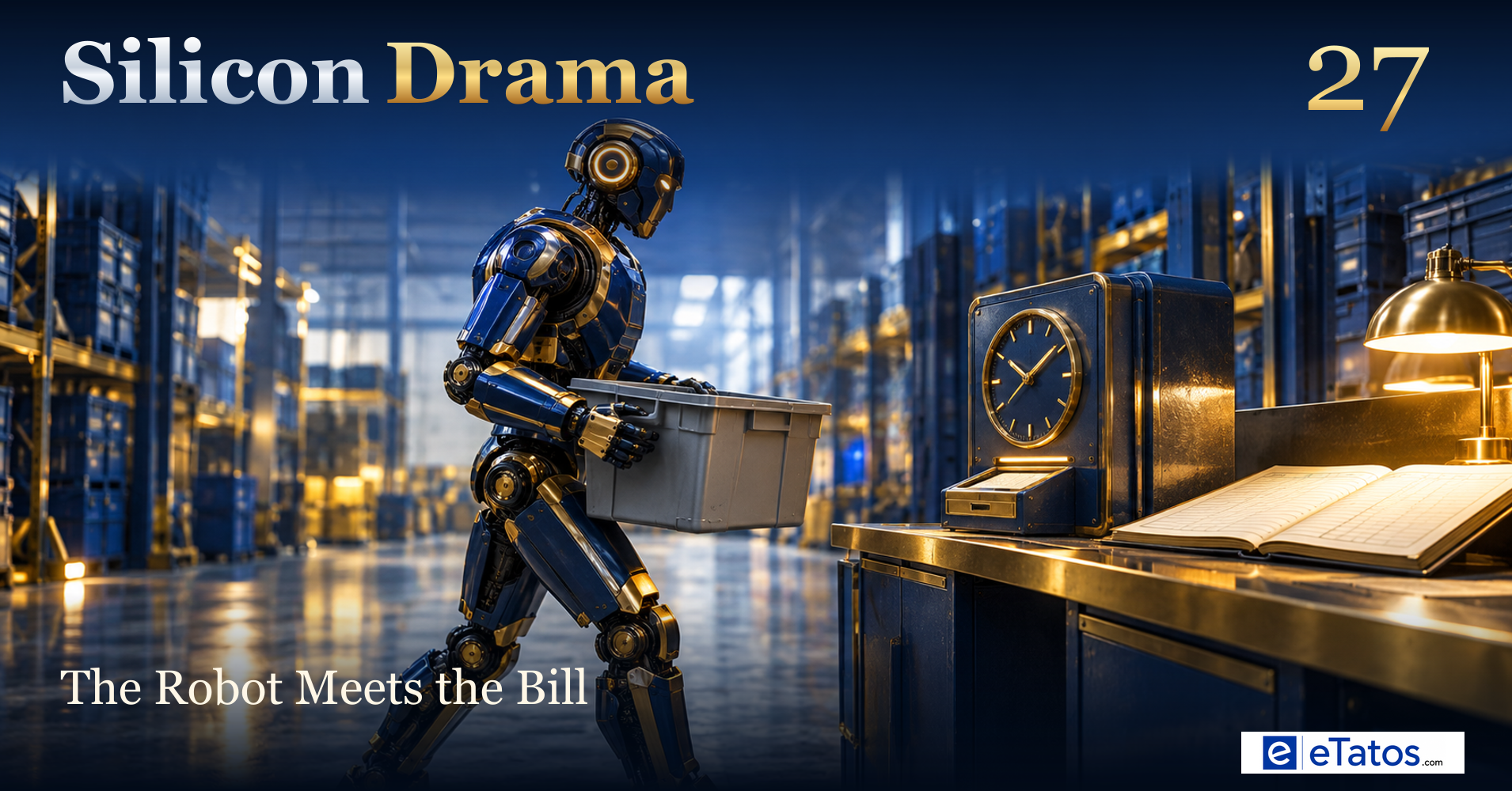 Illustrated warehouse humanoid carrying a tote toward a time clock and an accounting ledger