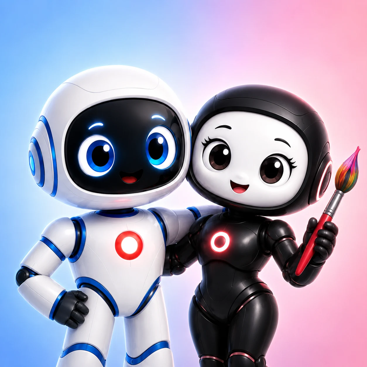 Tato, a white robot with blue eyes, stands beside Tata, a black robot with a white face and a colorful paintbrush. Both have glowing red chest circles.