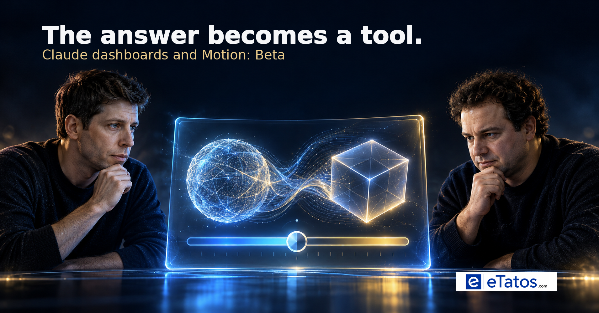 AI-generated editorial illustration of Sam Altman and Dario Amodei beside an interactive blue-and-gold display. Text: The answer becomes a tool. Claude dashboards and Motion: Beta.