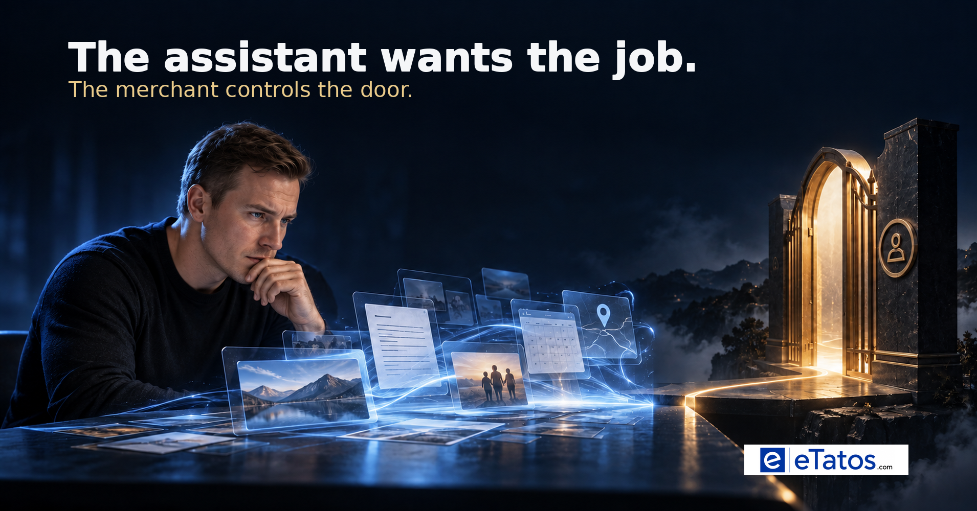 AI-generated editorial illustration of Brett Adcock studying floating personal-workflow panels beside a golden merchant gate. Text: The assistant wants the job. The merchant controls the door.