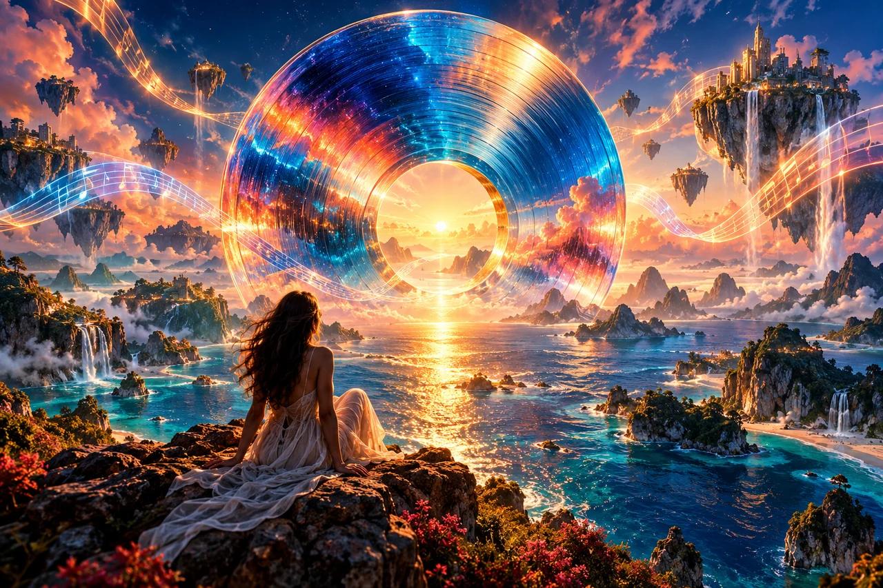 A radiant iridescent record opens onto an ocean of light and musical possibilities.