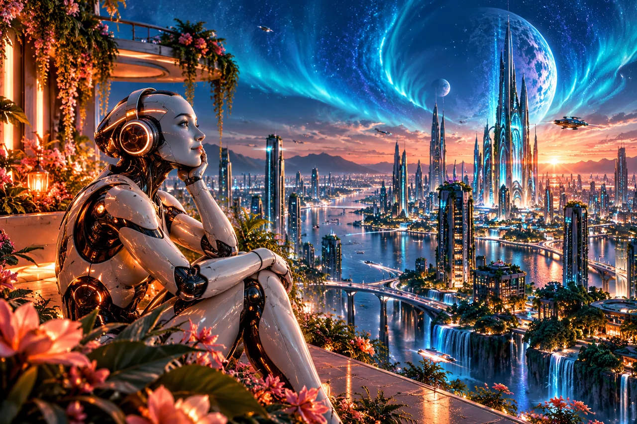 A headphone-wearing robot looks across a luminous future city beneath a blue aurora.