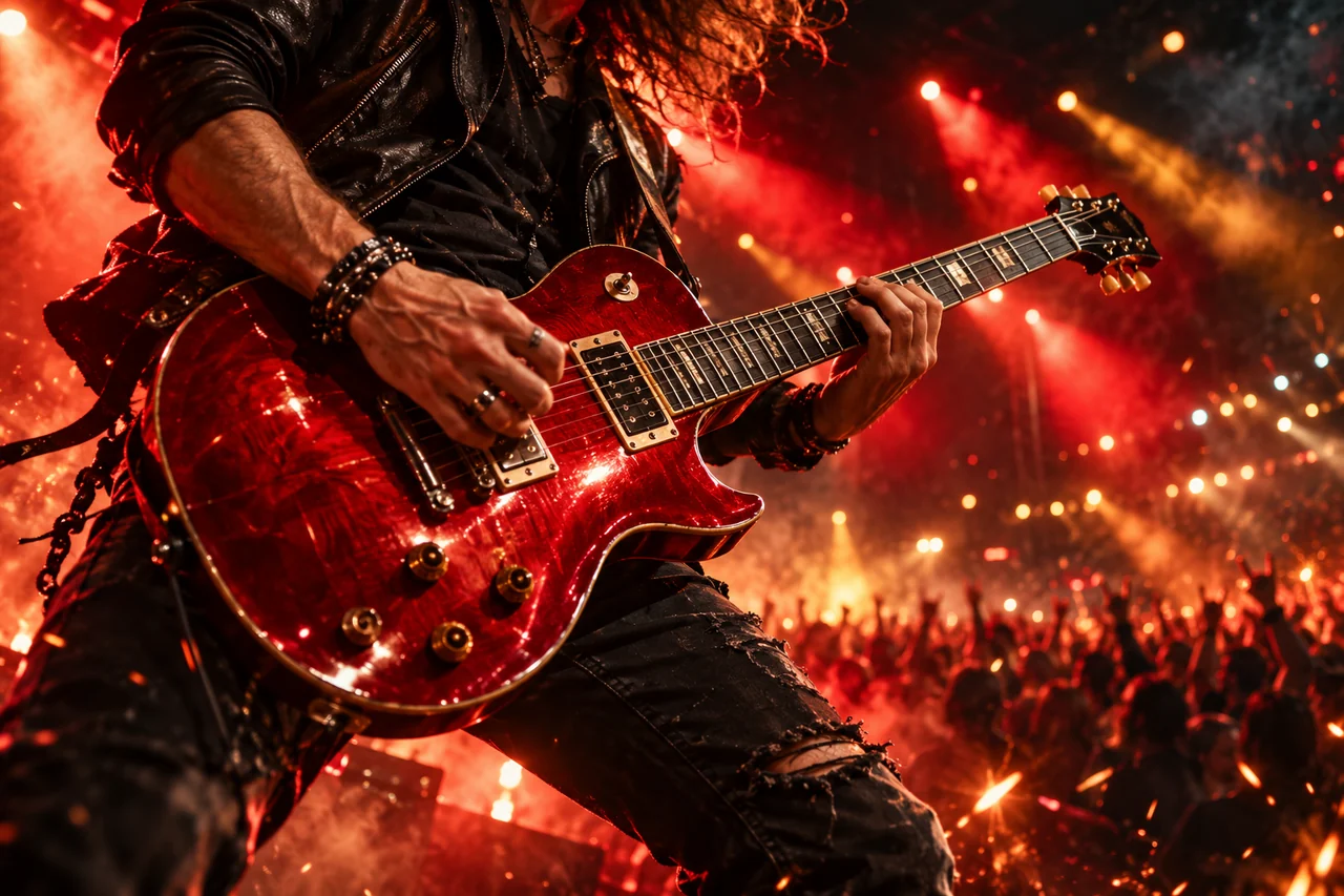 A cherry-red electric guitar on stage in fiery concert light.