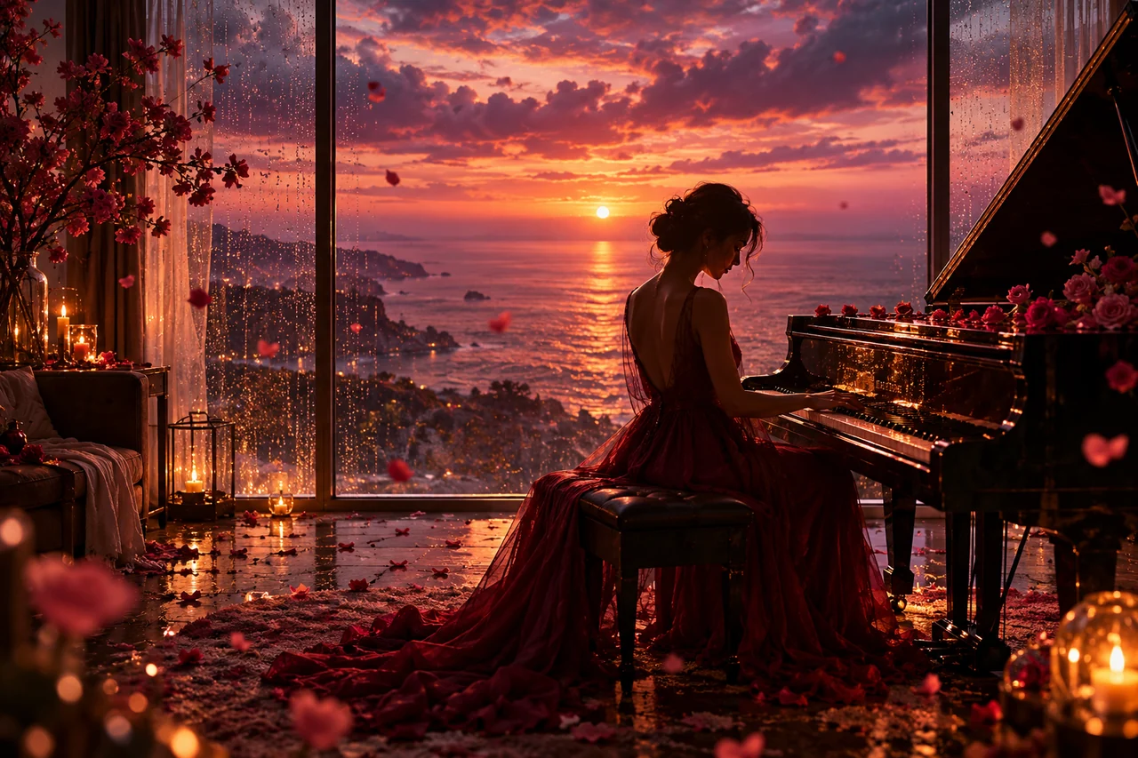 A pianist beside an open window overlooking a rose-colored ocean at dusk.