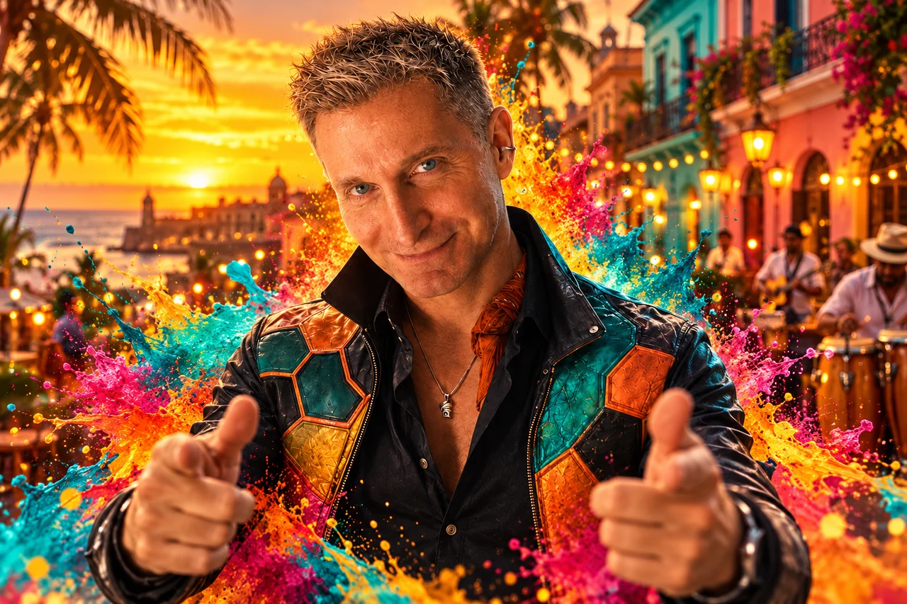Buena Tortuga in his signature jacket on a colorful Latin street at sunset.
