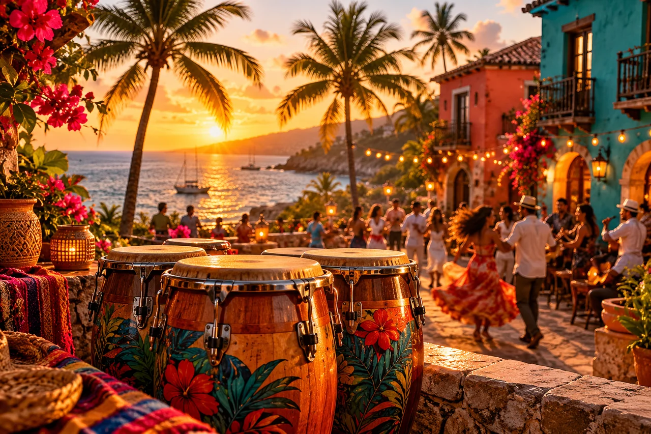 Conga drums, colorful Caribbean houses and dancing beside the sea at sunset.
