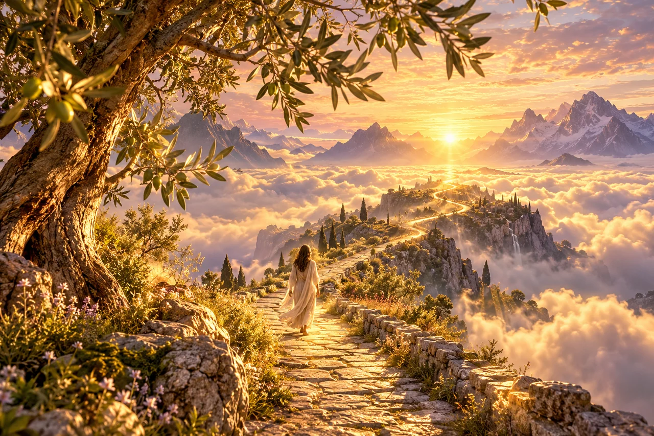 A golden path leads above the clouds toward a hopeful mountain sunrise.