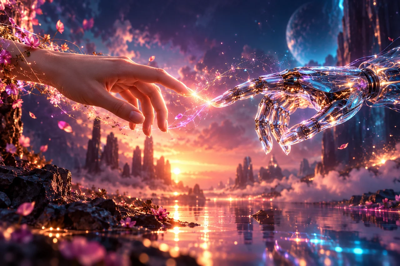 Human and crystalline robotic hands connect through a delicate filament of light.