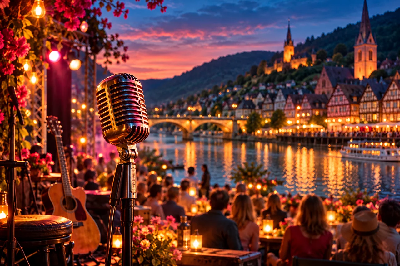 A vintage microphone at a warmly lit concert in a German riverside old town.