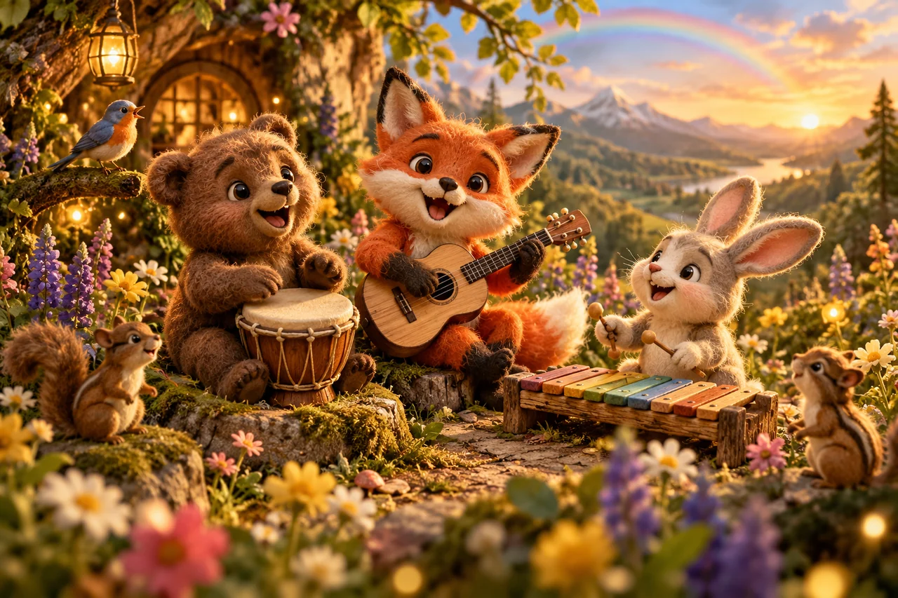 Joyful woodland animals make music in a colorful storybook garden.
