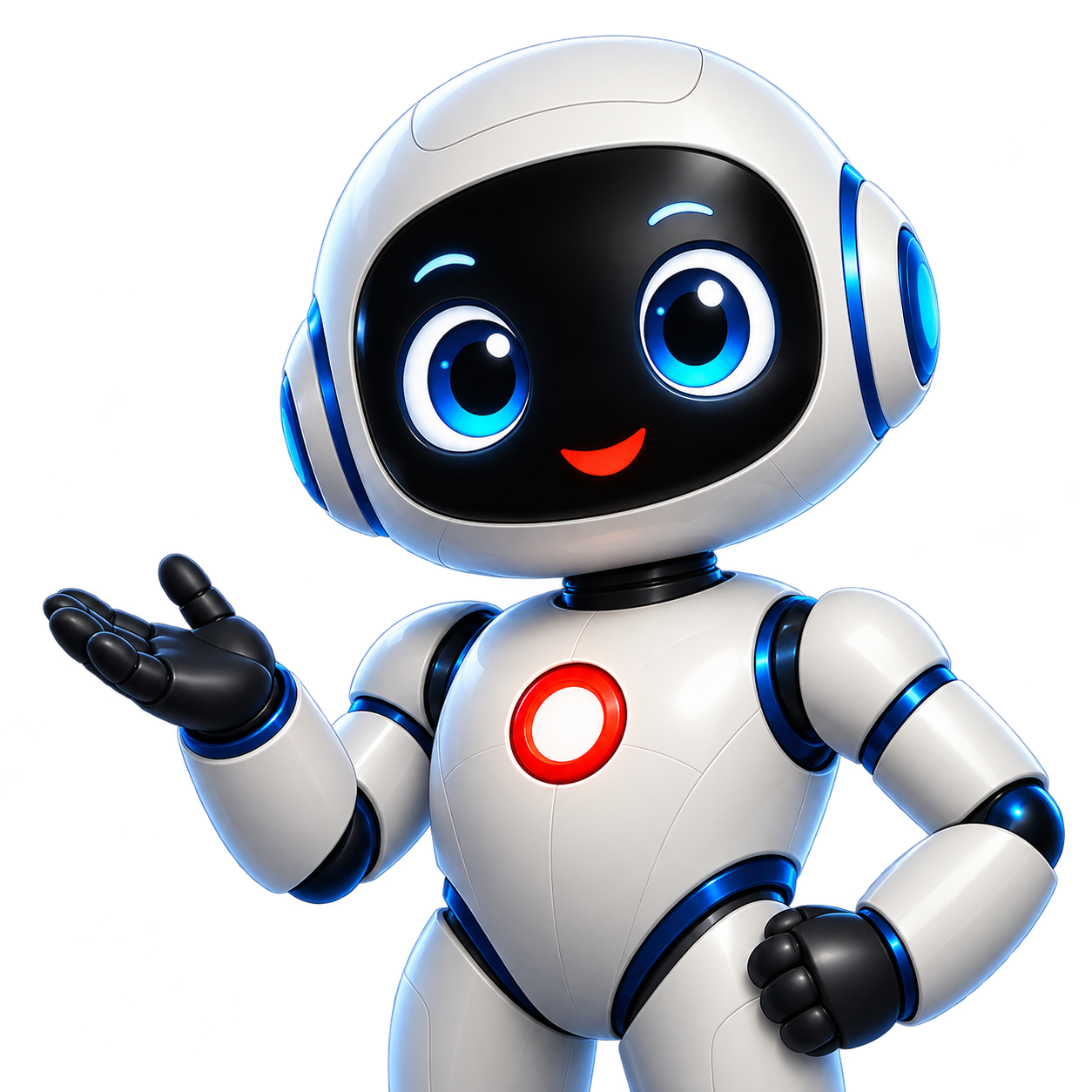 Tato, the white eTatos robot with blue eyes and a red chest emblem