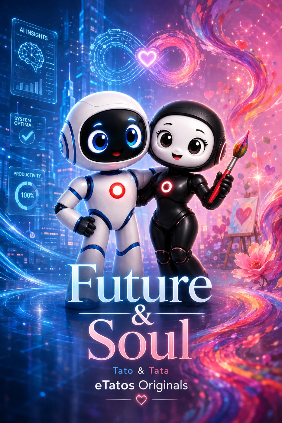 Future & Soul cover: Tato and Tata between a blue technology world and pink creative swirls, with a glowing infinity heart above them.