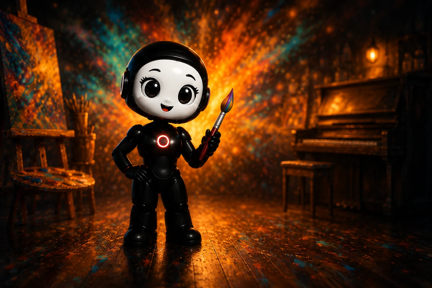 Tata holds a colorful paintbrush in a warmly lit artist’s studio, with her black body, white face and glowing red chest circle.