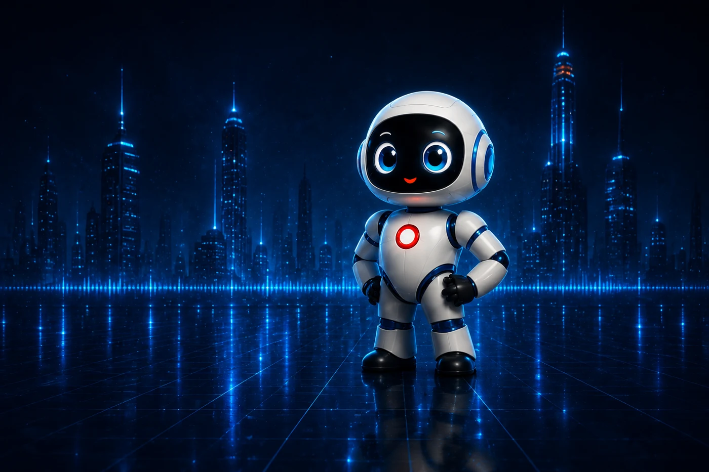 Tato stands confidently in a blue futuristic city, with his white body, black face screen, blue eyes and red chest circle.